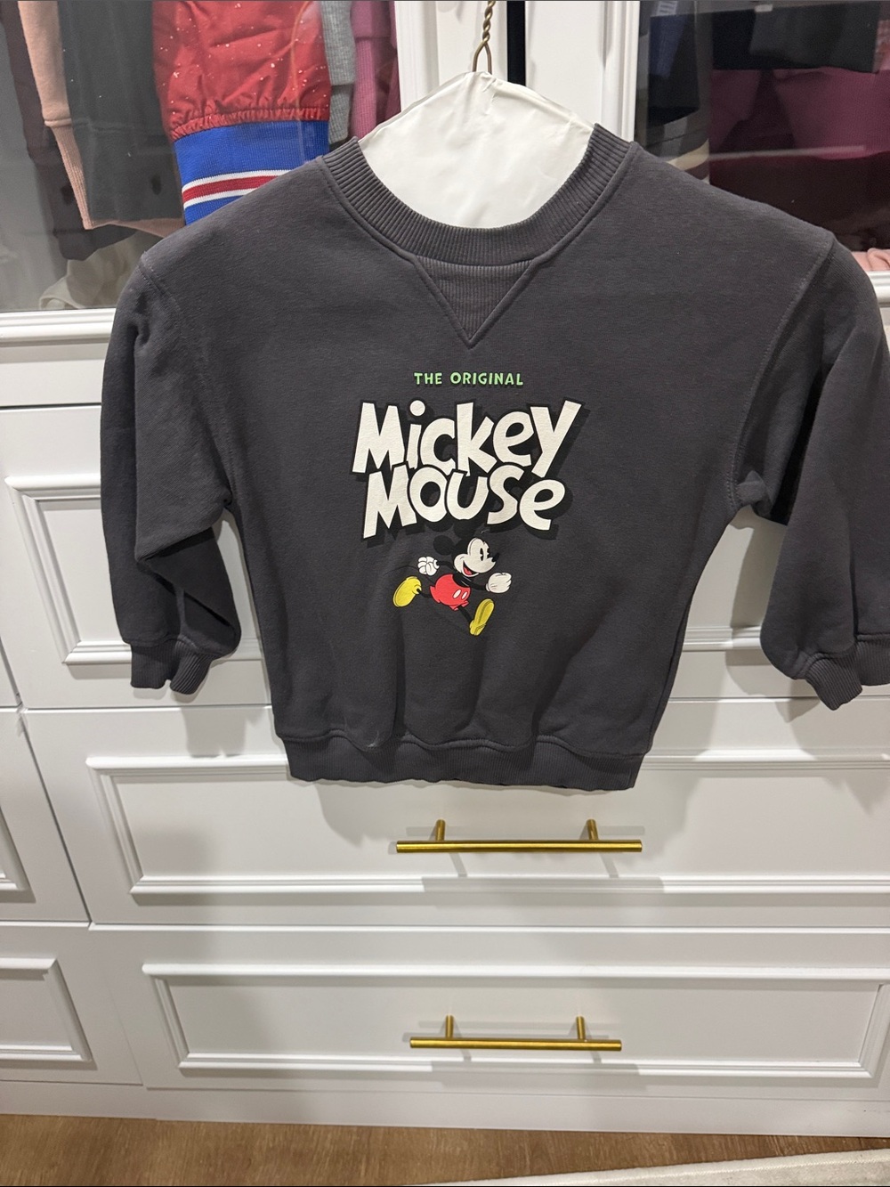 H&M Charcoal Mickey Mouse Graphic Sweatshirt with Yellow & Red Accents